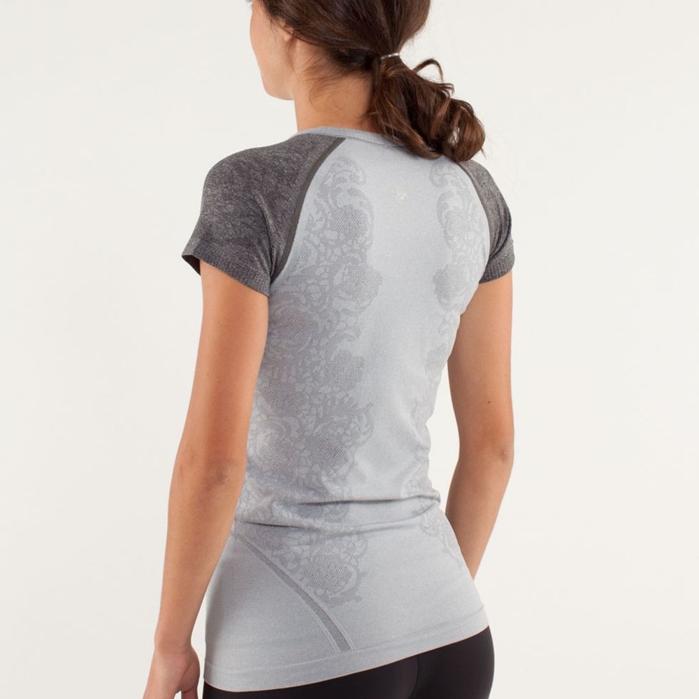 Grey lululemon run swiftly short sleeve shirt with lace detail
